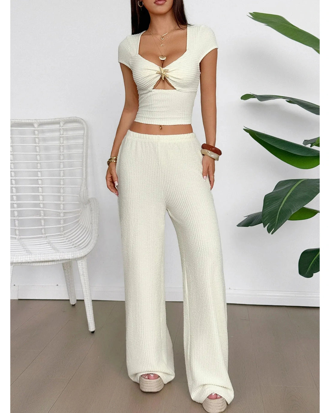 Cutout Top And Pants Set Two Piece - Crisscross Tied Cutouts For Modern Evening Wear by Trendsi