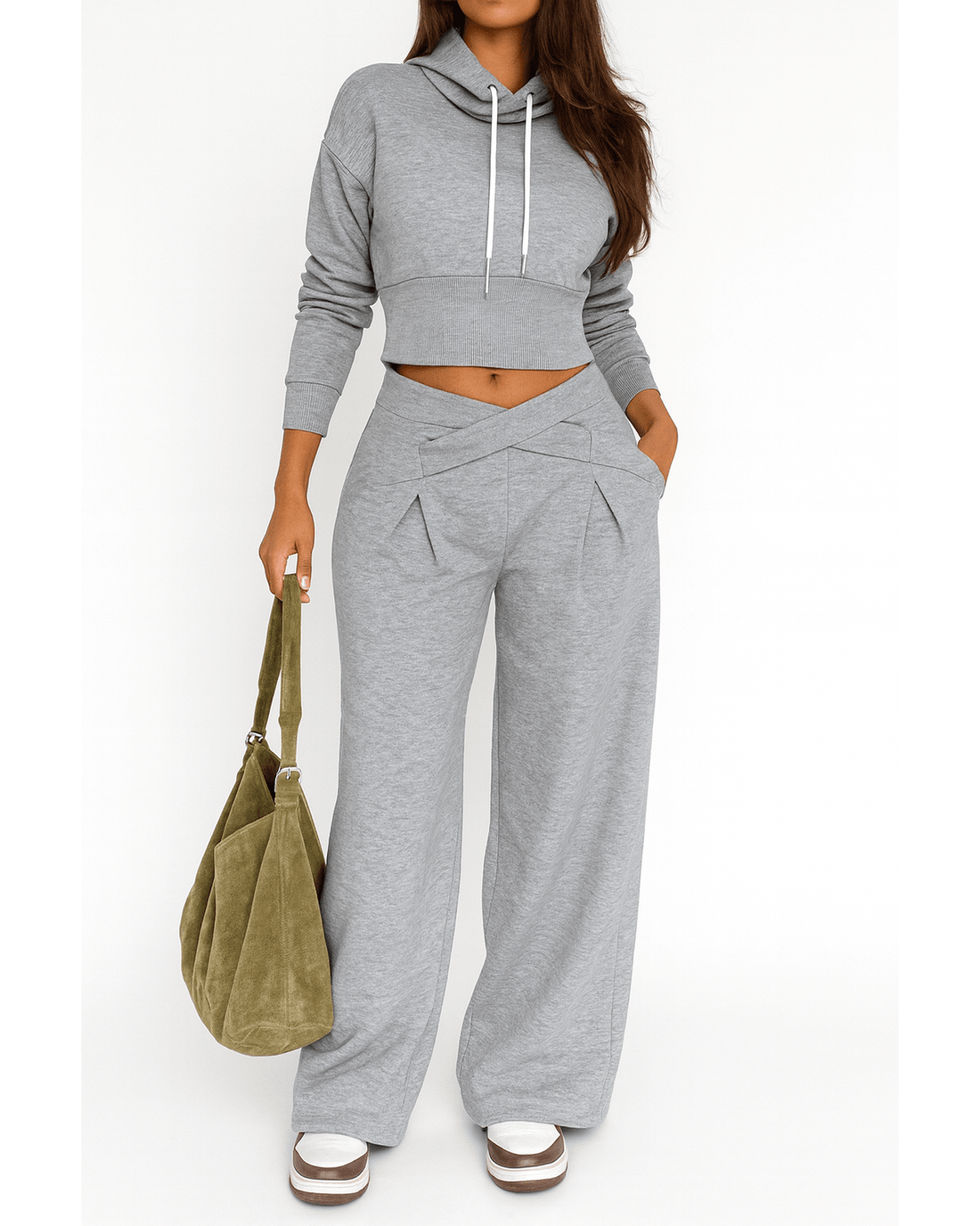 Cropped Hoodie Set Lounge Set – Two-Piece With Wide Leg Pants For Women Soft Polyester Spandex by Trendsi