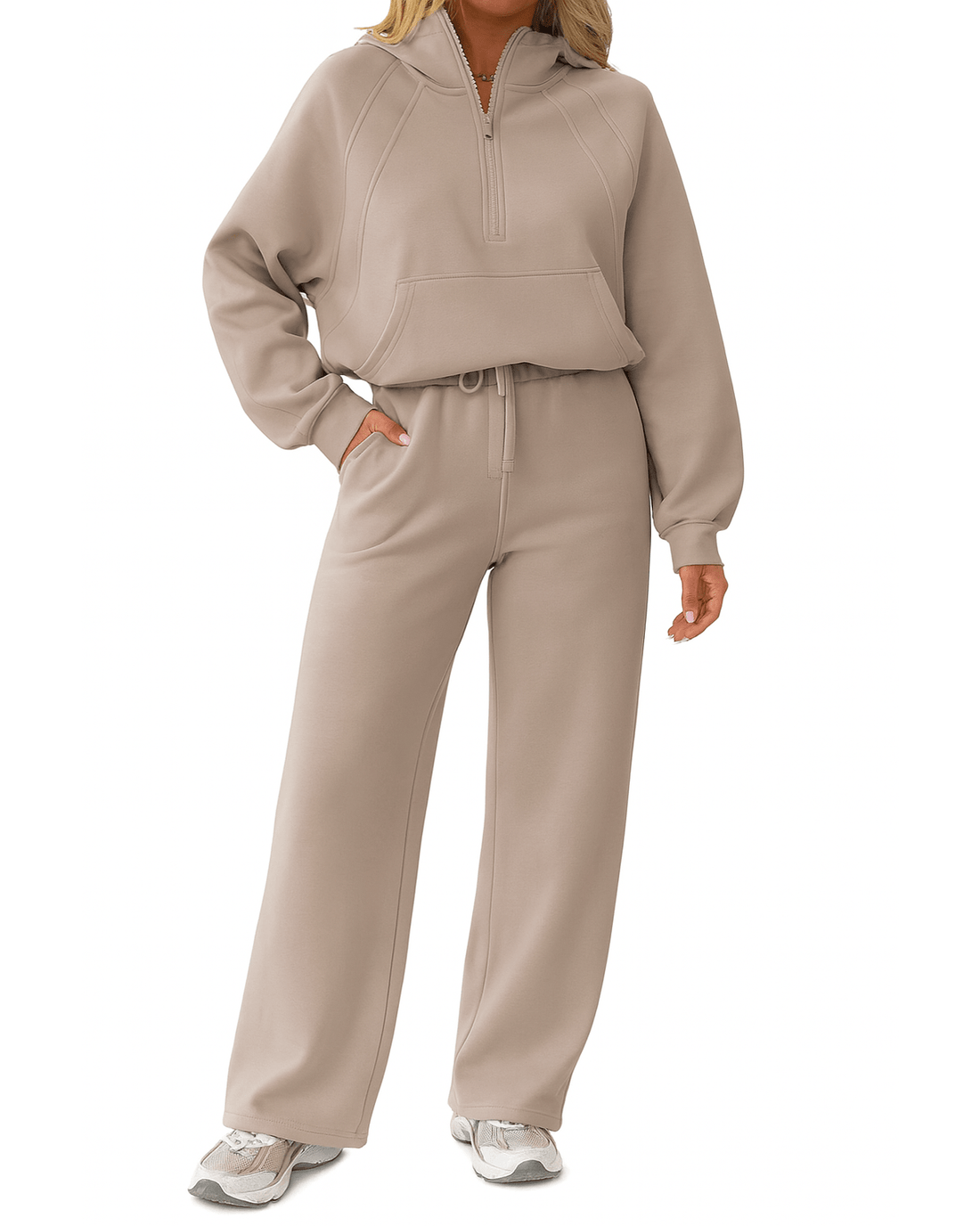 Half Zip Hoodie Two Piece Set - Pocketed Drawstring Loungewear For Home And Travel by Trendsi